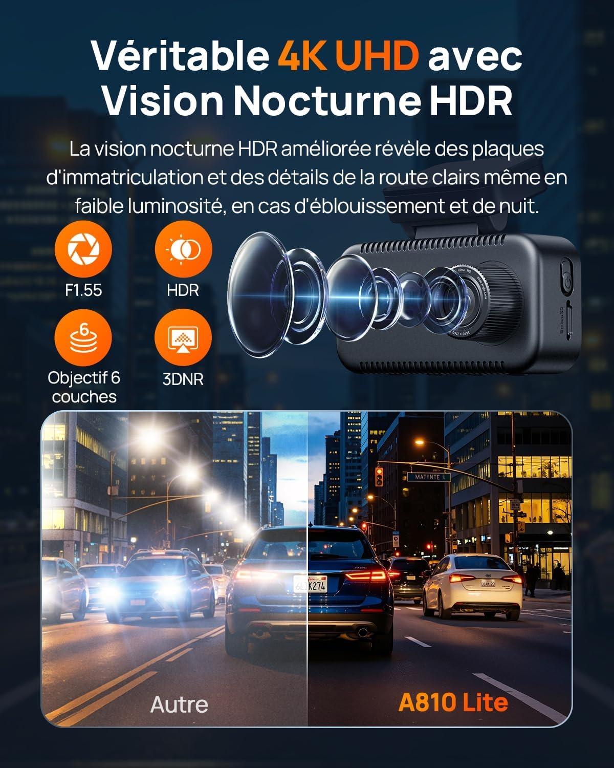 Pack 70mai A810 Lite 4K HDR | Dashcam Avant + Arrière