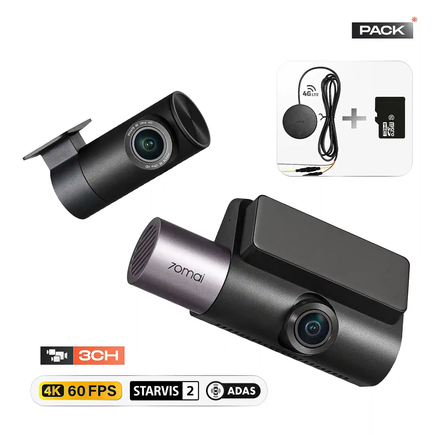 Pack 70mai T800 4K 60fps 3 Caméras GPS & ADAS + Carte Mémoire | Vue à Distance 4G & Sécurité 24/7
